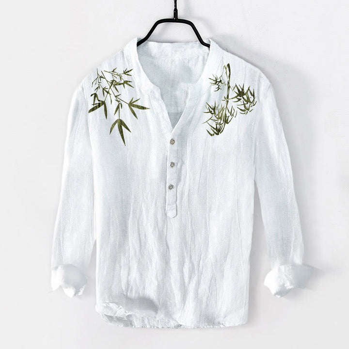 Buddha Stones Green Bamboo Leaves Pattern Half Buttons Men's Cotton Linen Long Sleeve Shirt - White - US/UK/AU50,EU60 (5XL) - image 6