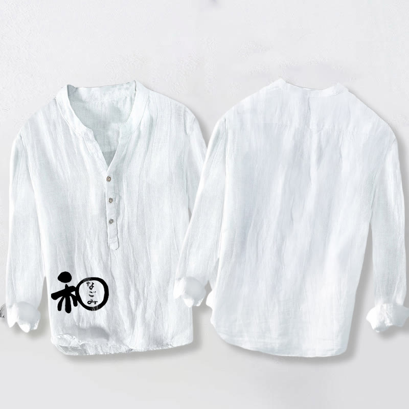 Buddha Stones Chinese Character Harmony Pattern Half Buttons Men's Cotton Linen Long Sleeve Shirt - image 2