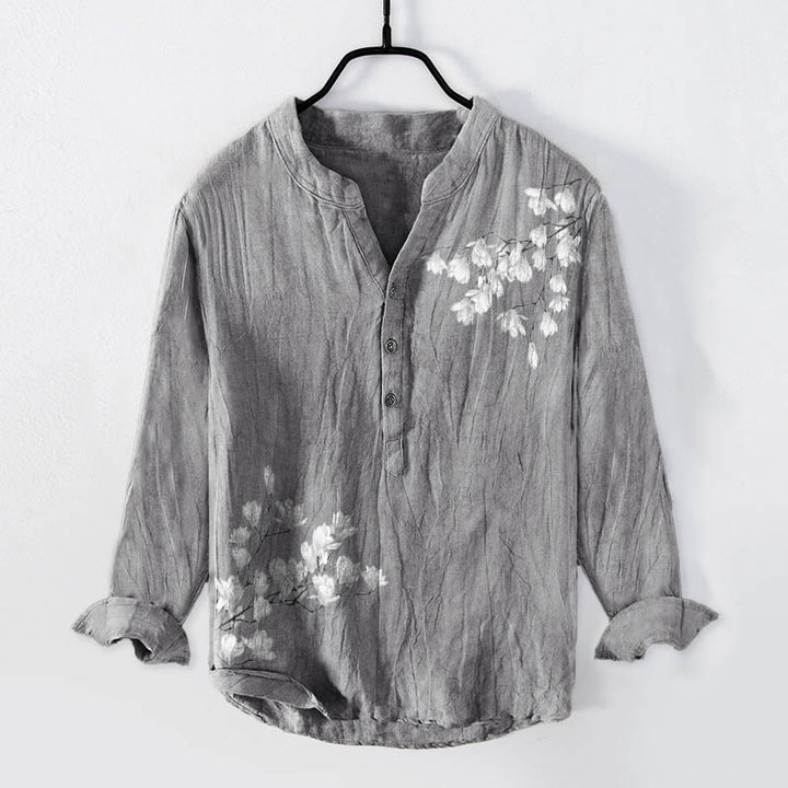 Buddha Stones Magnolia Flowers Branches Pattern Half Buttons Men's Cotton Linen Long Sleeve Shirt - Gray - US/UK/AU50,EU60 (5XL) - image 0