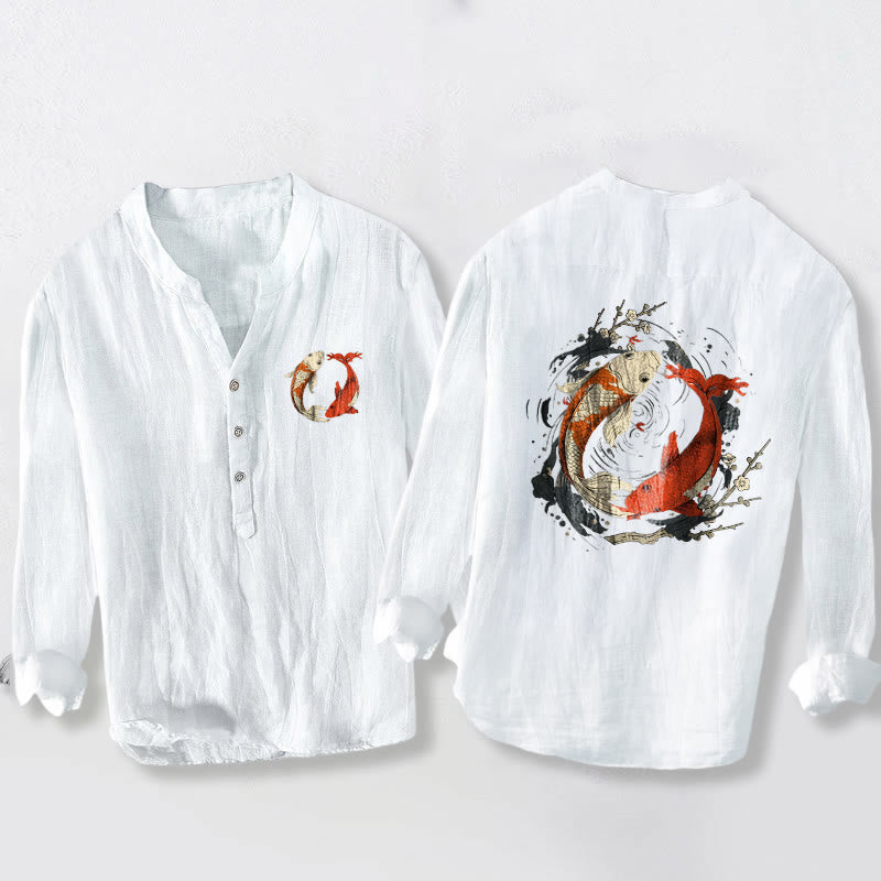 Buddha Stones Red White Koi Fish Yin Yang Pattern Half Buttons Men's Cotton Linen Long Sleeve Shirt - White - US/UK/AU50,EU60 (5XL) - image 6