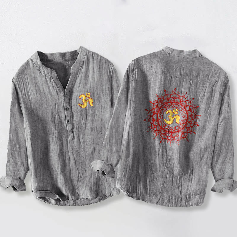 Buddha Stones OM Symbol Mandala Pattern Half Buttons Men's Cotton Linen Long Sleeve Shirt - Gray - US/UK/AU50,EU60 (5XL) - image 6