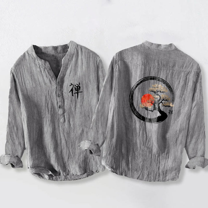 Buddha Stones Zen Character Pine Tree Sun Pattern Half Buttons Men's Cotton Linen Long Sleeve Shirt - Gray - US/UK/AU50,EU60 (5XL) - image 0