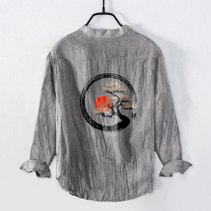 Buddha Stones Zen Character Pine Tree Sun Pattern Half Buttons Men's Cotton Linen Long Sleeve Shirt - image 2