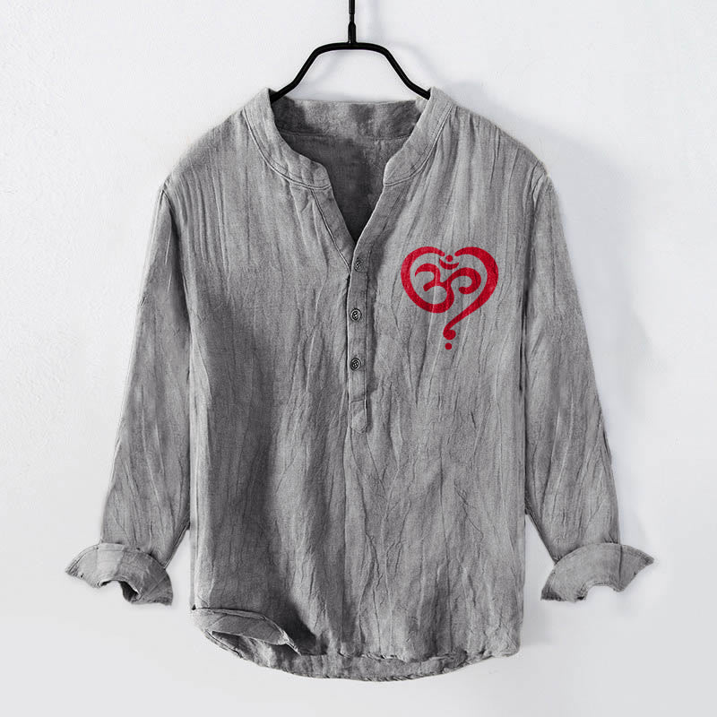 Buddha Stones Heart-shaped OM Symbol Pattern Half Buttons Men's Cotton Linen Long Sleeve Shirt - Gray - US/UK/AU50,EU60 (5XL) - image 3