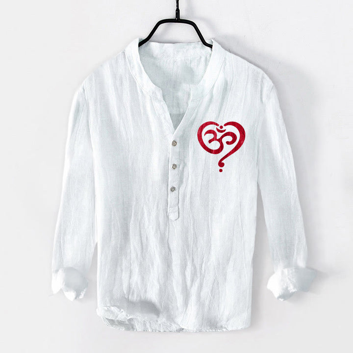 Buddha Stones Heart-shaped OM Symbol Pattern Half Buttons Men's Cotton Linen Long Sleeve Shirt - White - US/UK/AU50,EU60 (5XL) - image 6