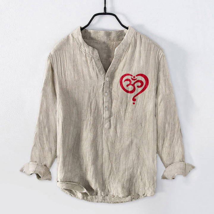 Buddha Stones Heart-shaped OM Symbol Pattern Half Buttons Men's Cotton Linen Long Sleeve Shirt - Linen - US/UK/AU50,EU60 (5XL) - image 0
