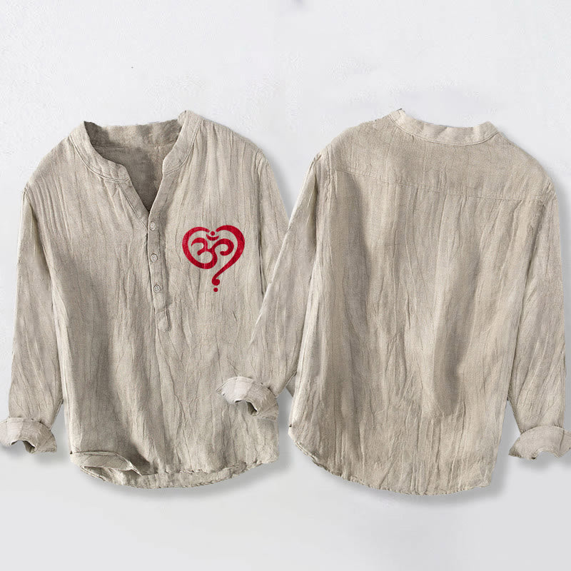 Buddha Stones Heart-shaped OM Symbol Pattern Half Buttons Men's Cotton Linen Long Sleeve Shirt - image 2