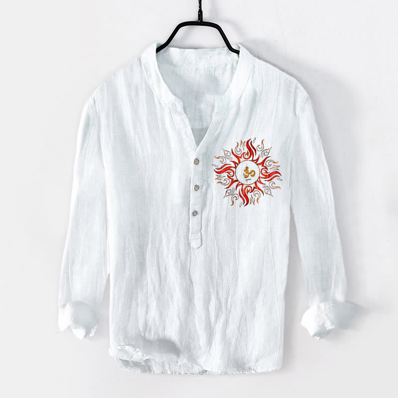 Buddha Stones Sun-shaped OM Symbol Pattern Half Buttons Men's Cotton Linen Long Sleeve Shirt - White - US/UK/AU50,EU60 (5XL) - image 6