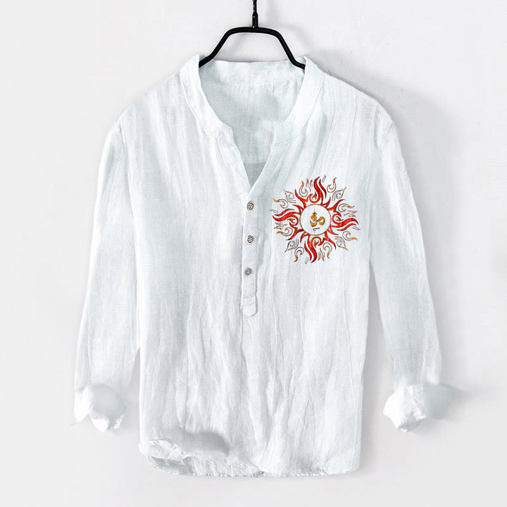 Buddha Stones Sun-shaped OM Symbol Pattern Half Buttons Men's Cotton Linen Long Sleeve Shirt - White - US/UK/AU50,EU60 (5XL) - image 6