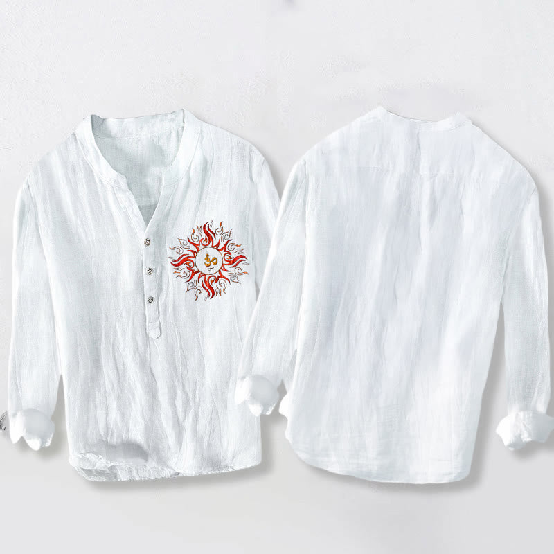 Buddha Stones Sun-shaped OM Symbol Pattern Half Buttons Men's Cotton Linen Long Sleeve Shirt - image 8