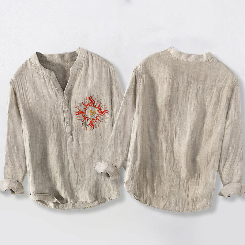 Buddha Stones Sun-shaped OM Symbol Pattern Half Buttons Men's Cotton Linen Long Sleeve Shirt - image 2