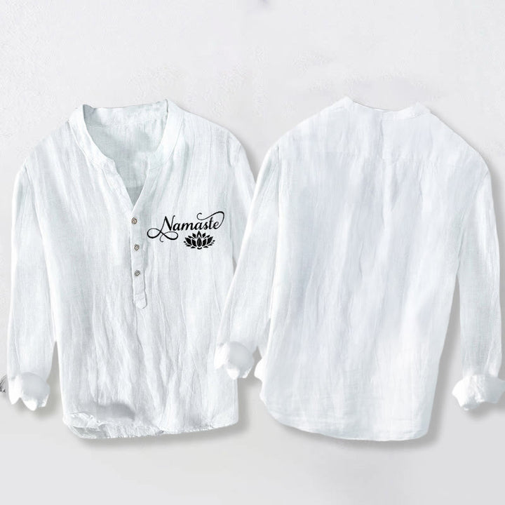Buddha Stones "Namaste" Lotus Flower Half Buttons Design Long Sleeve Men's Cotton Linen Shirt - image 8