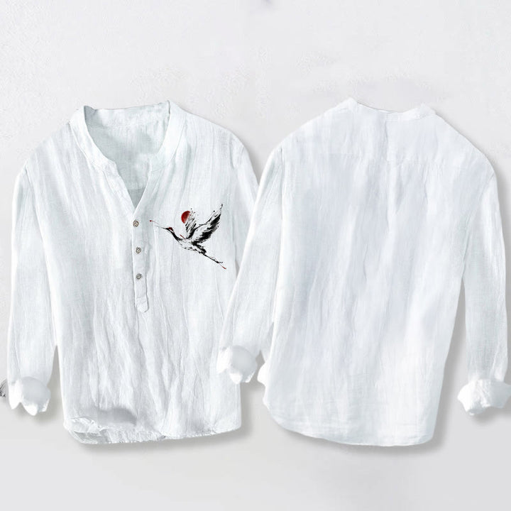 Buddha Stones Flying Crane Sun Pattern Half Buttons Men's Cotton Linen Long Sleeve Shirt - image 8