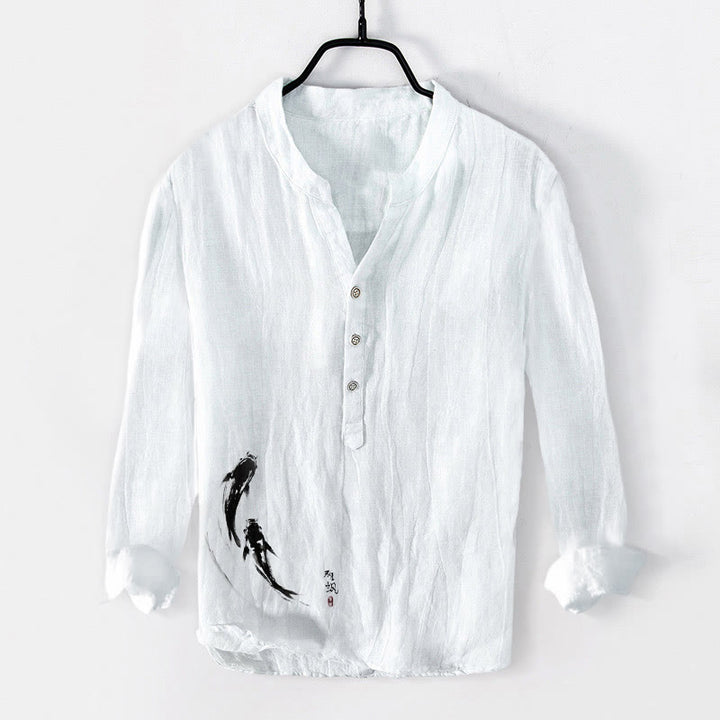 Buddha Stones Two Koi Fish Pattern Half Buttons Men's Cotton Linen Long Sleeve Shirt - White - US/UK/AU50,EU60 (5XL) - image 6