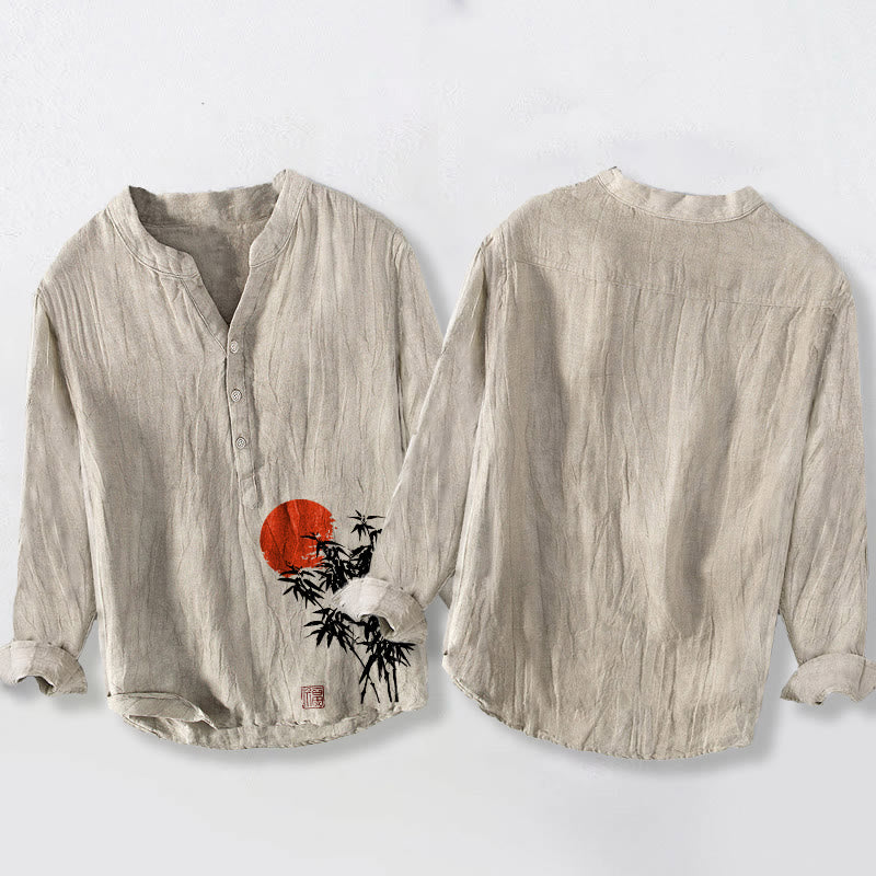 Buddha Stones Bamboo Leaves Red Sun Pattern Half Buttons Men's Cotton Linen Long Sleeve Shirt - image 2