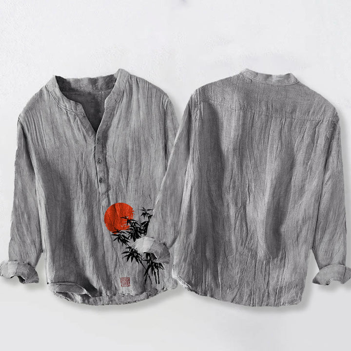 Buddha Stones Bamboo Leaves Red Sun Pattern Half Buttons Men's Cotton Linen Long Sleeve Shirt - image 5