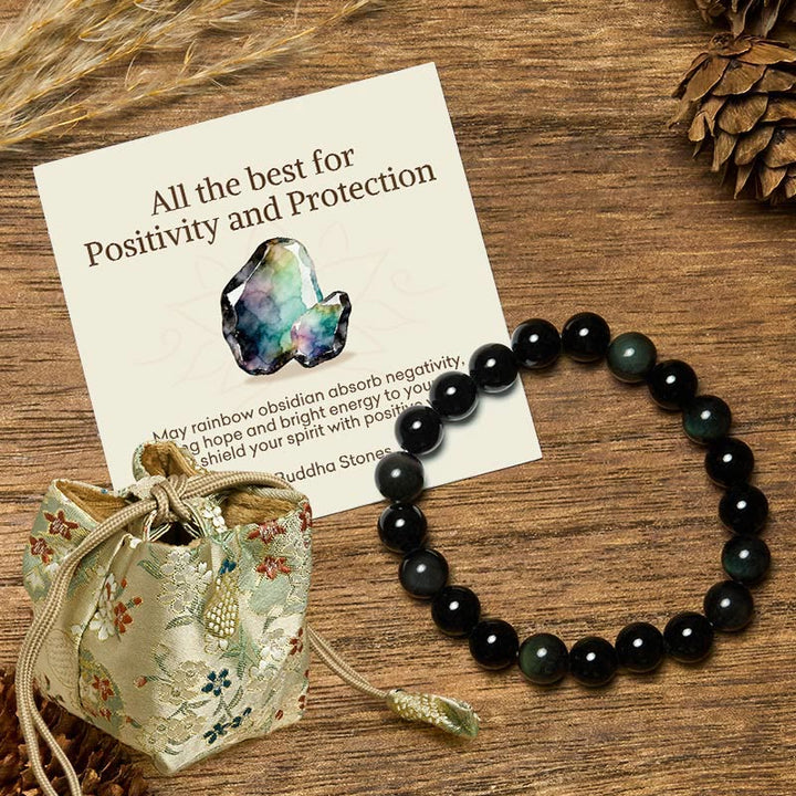 Buddha Stones "All the Best for Love and Harmony" Stone Quartz Bracelet Includes Gift Message Card - 8mm - Rainbow Obsidian - Deluxe Gift Bag (+$12.59) - image 11