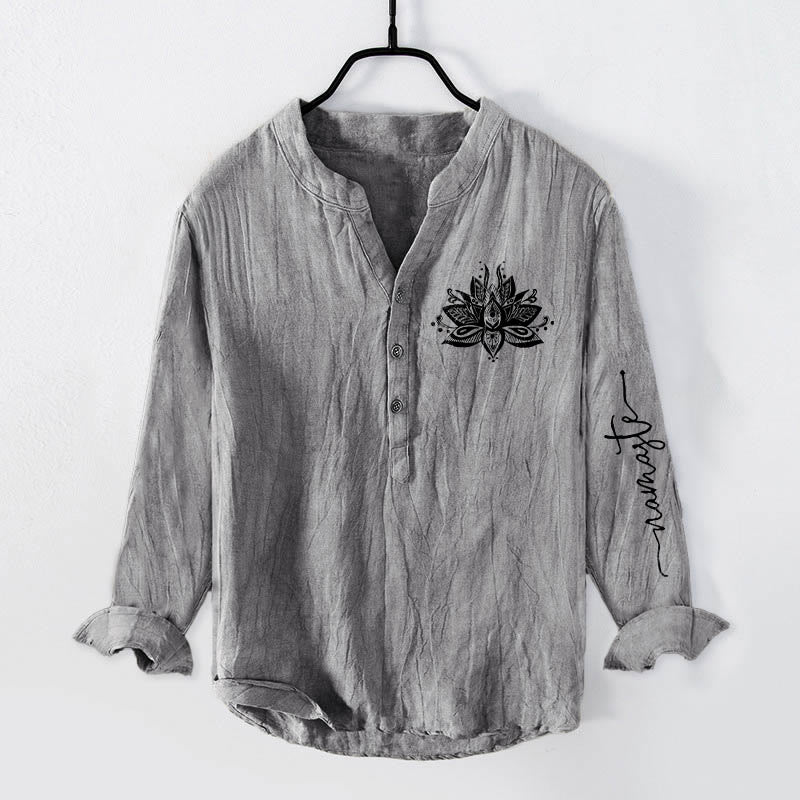 Buddha Stones Lotus Pattern Half Buttons Men's Cotton Linen Long Sleeve Shirt - Gray - US/UK/AU50,EU60 (5XL) - image 3