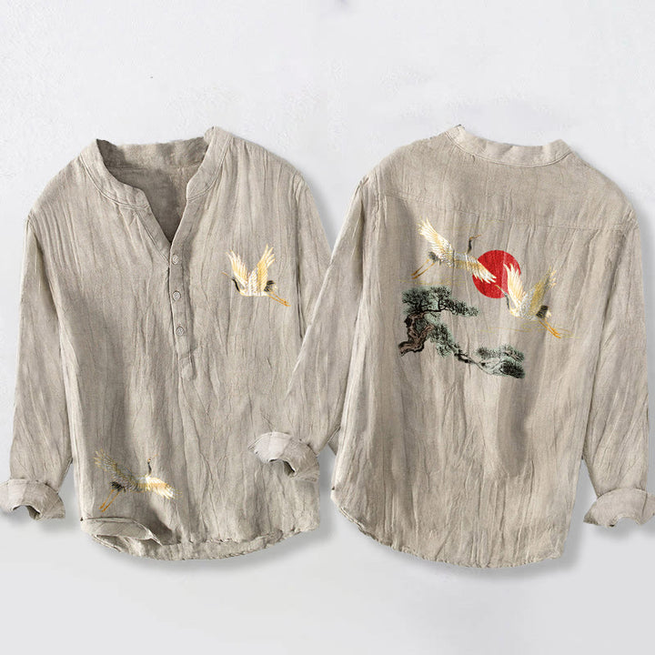 Buddha Stones Crane Red Sun Pine Tree Pattern Half Buttons Men's Cotton Linen Long Sleeve Shirt - Linen - US/UK/AU50,EU60 (5XL) - image 3