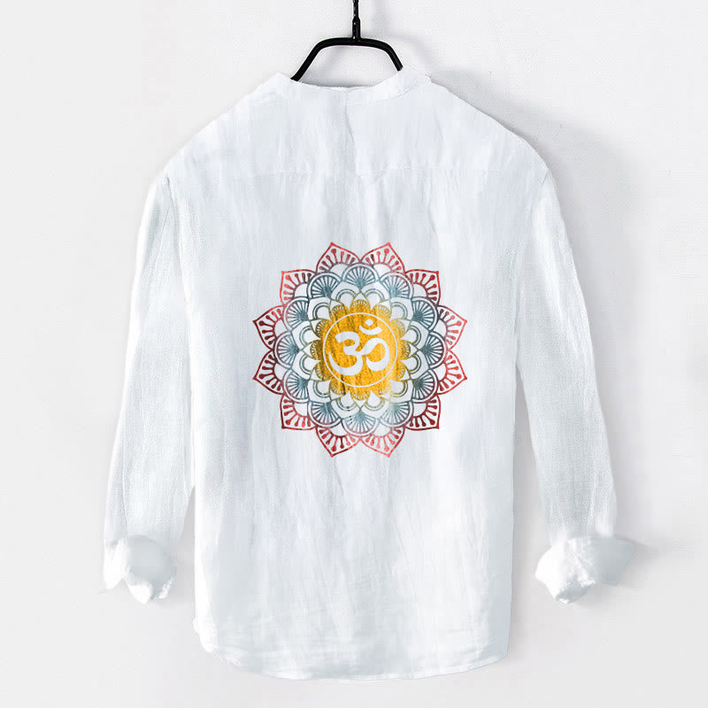 Buddha Stones Half Buttons Mandala Om Symbol Pattern Men's Cotton Linen Long Sleeve Shirt - image 2