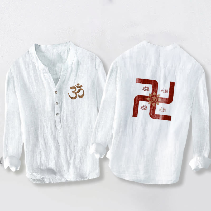 Buddha Stones Half Buttons Lotus Swastika Om Symbol Pattern Men's Cotton Linen Long Sleeve Shirt - White - US/UK/AU50,EU60 (5XL) - image 6