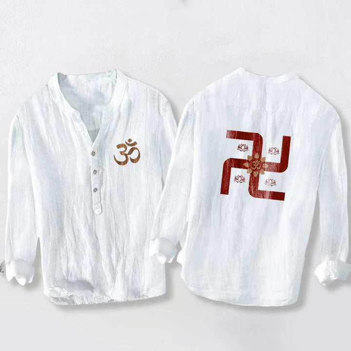 Buddha Stones Half Buttons Lotus Swastika Om Symbol Pattern Men's Cotton Linen Long Sleeve Shirt - White - US/UK/AU50,EU60 (5XL) - image 6