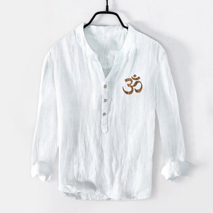 Buddha Stones Half Buttons Lotus Swastika Om Symbol Pattern Men's Cotton Linen Long Sleeve Shirt - image 7
