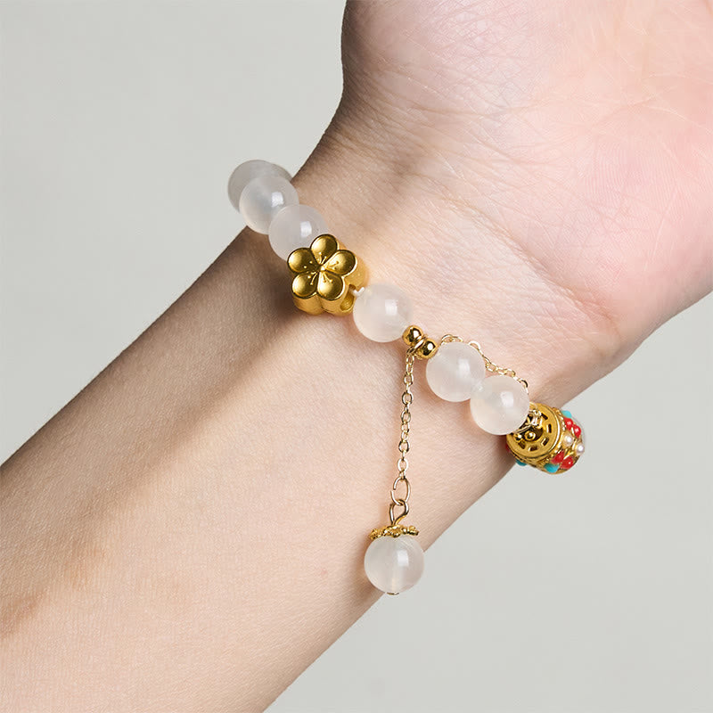 Buddha Stones Tibetan White Agate Crystal Stone Flowers Positivity Bracelet - image 3