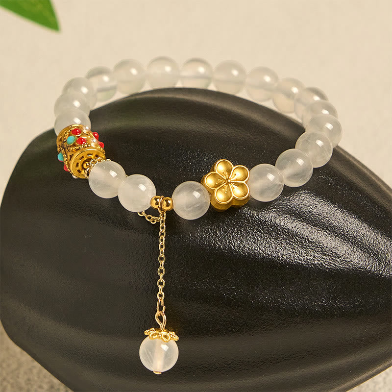 Buddha Stones Tibetan White Agate Crystal Stone Flowers Positivity Bracelet - image 1