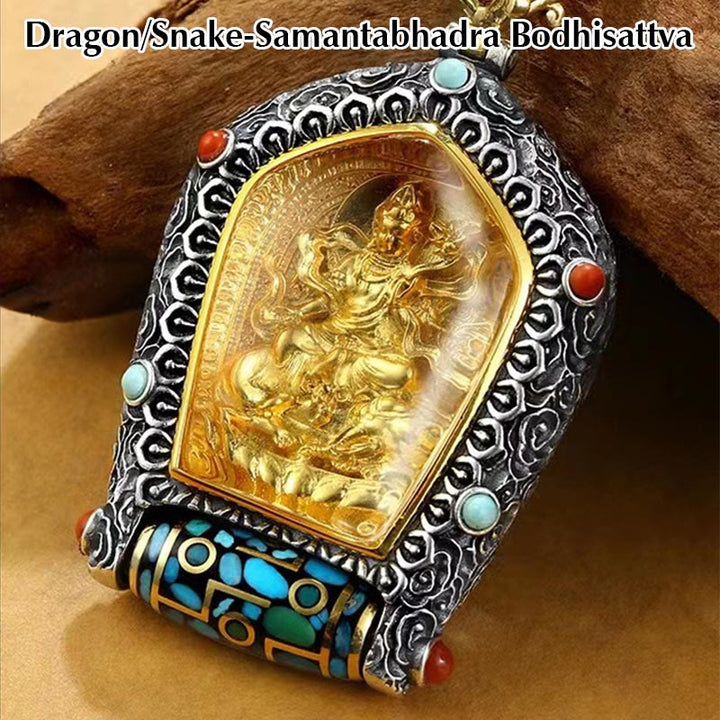 Tibet Chinese Zodiac Natal Buddha Thangka Prosperity Rotatable Dzi Bead Necklace Pendant - Dragon/Snake-Samantabhadra Bodhisattva - image 7