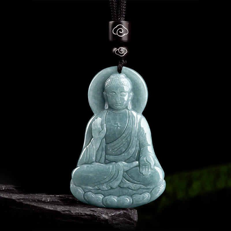 Buddha Stones Amitabha Buddha Natural Jade Lotus Amulet Compassion String Necklace Pendant - image 7