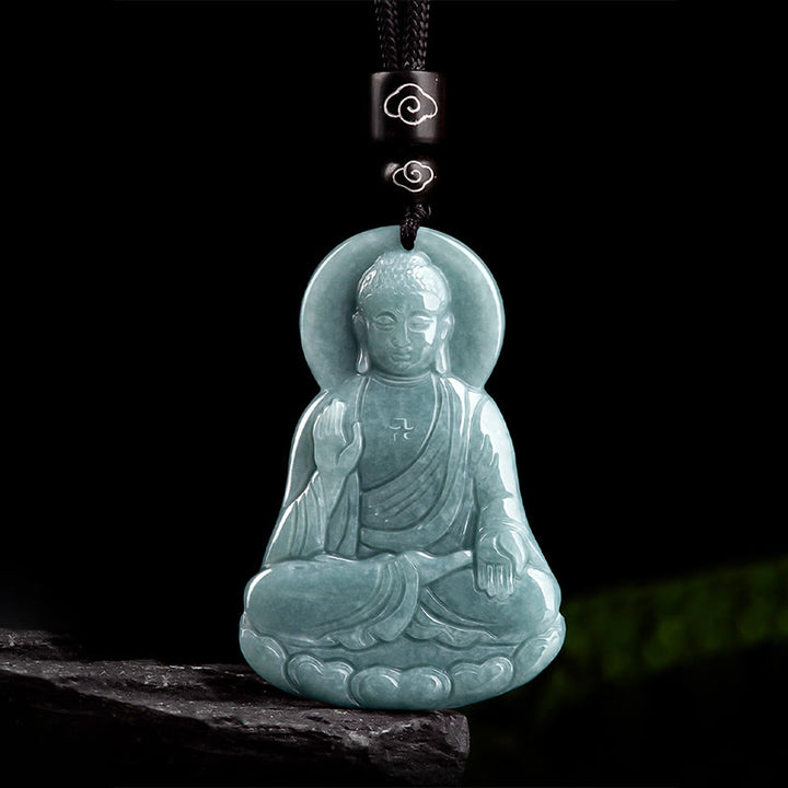 Buddha Stones Amitabha Buddha Natural Jade Lotus Amulet Compassion String Necklace Pendant - image 7