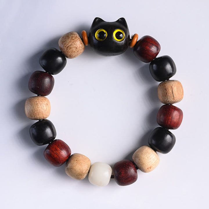 Buddha Stones Small Leaf Red Sandalwood Ebony Wood Cute Cat Engraved Protection Bracelet - image 4
