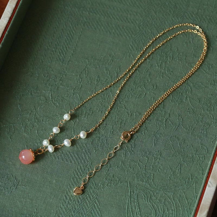 Buddha Stones Gold-plated Copper Natural Yanyuan Agate Pearl Positive Necklace Pendant Bracelet Earrings Set