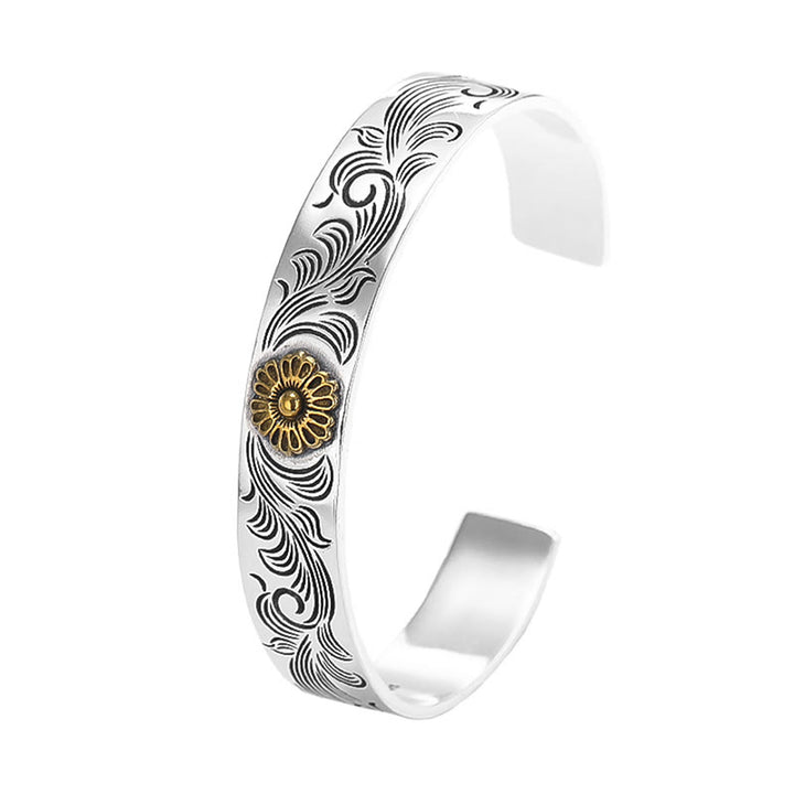 Buddha Stones Tang Dynasty Flower Design Rose Flower Feather Carved Copper Luck Bracelet Bangle - image 4