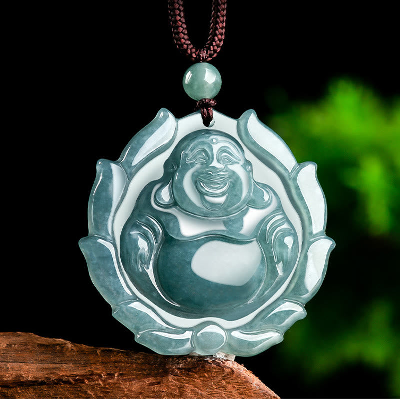 Buddha Stones Natural Jade Laughing Buddha Lotus Pattern Luck Necklace Pendant - image 3