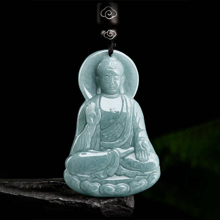 Buddha Stones Amitabha Buddha Natural Jade Lotus Amulet Compassion String Necklace Pendant - image 5