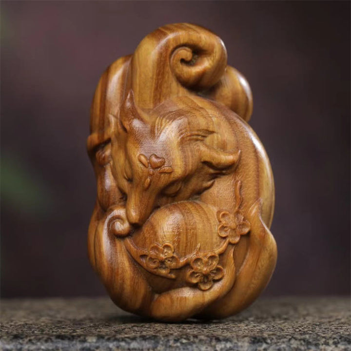 Buddha Stones Mini Nine Tailed Fox Green Sandalwood Peace Decoration Car Hanging Decoration
