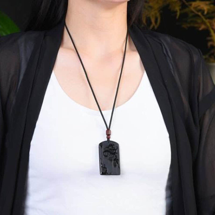 Black Obsidian Dragon Phoenix Success Necklace Pendant - image 3