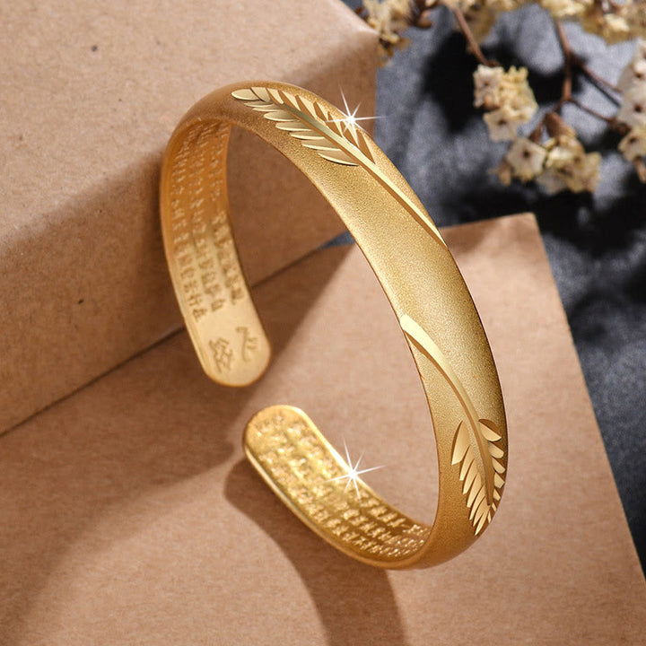 Buddha Stones Feather Heart Sutra Engraved Pattern Wealth Copper Cuff Bracelet Bangle - image 2
