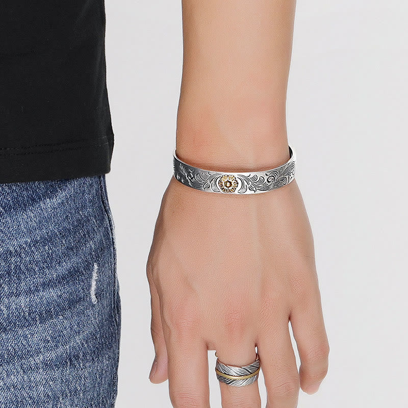 Buddha Stones Tang Dynasty Flower Design Rose Flower Feather Carved Copper Luck Bracelet Bangle - image 6