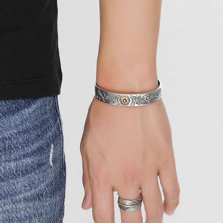 Buddha Stones Tang Dynasty Flower Design Rose Flower Feather Carved Copper Luck Bracelet Bangle - image 6