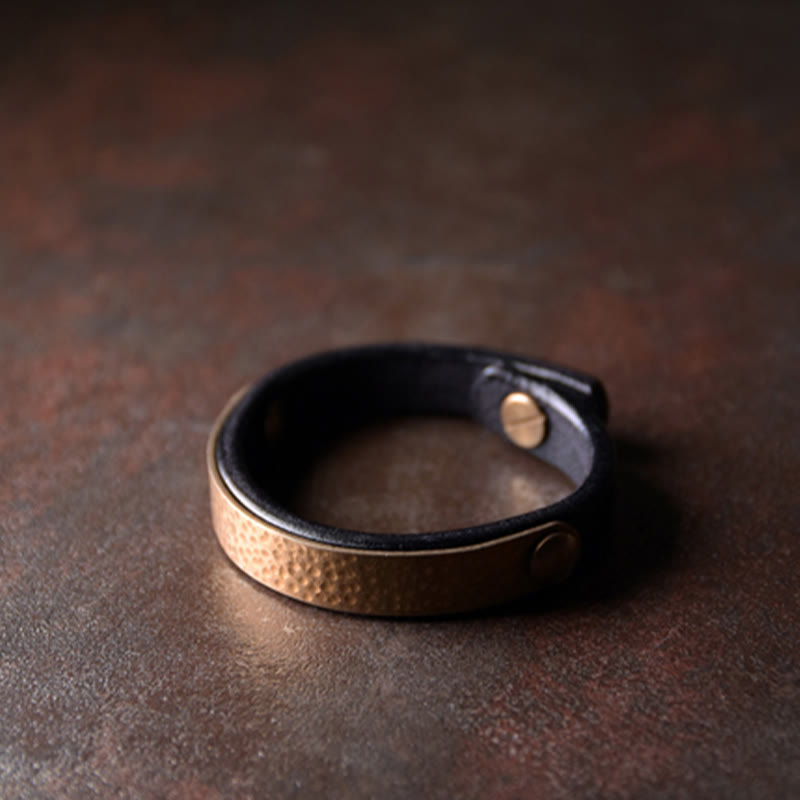 Buddha Stones Vintage Handmade Texture Copper Brass Leather Wealth Bracelet Bangle - image 17