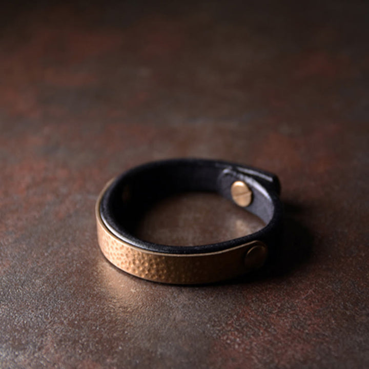 Buddha Stones Vintage Handmade Texture Copper Brass Leather Wealth Bracelet Bangle - image 17