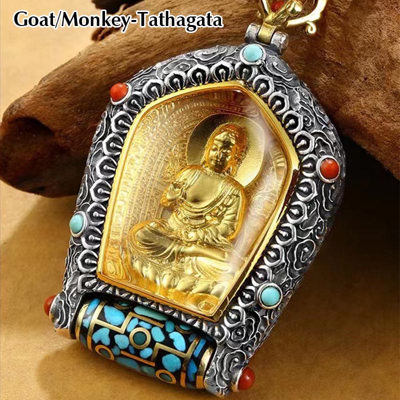 Tibet Chinese Zodiac Natal Buddha Thangka Prosperity Rotatable Dzi Bead Necklace Pendant - Goat/Monkey-Tathagata - image 9