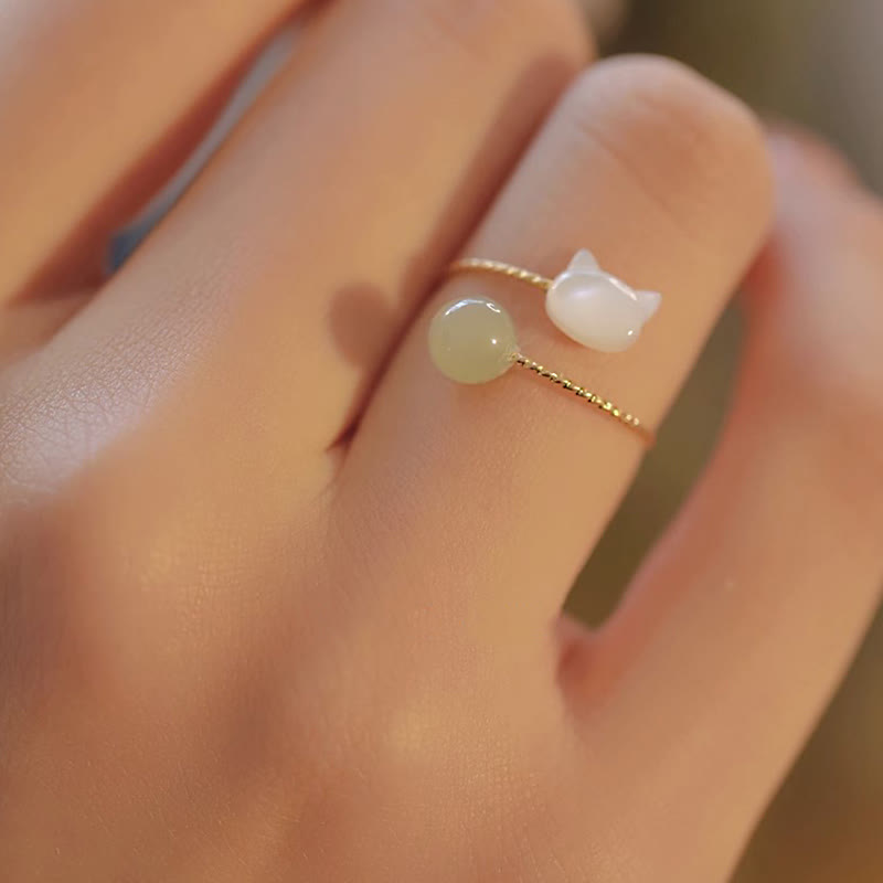 Buddha Stones Tridacna Stone Cat Head Jade Bead Blessing Ring - image 4