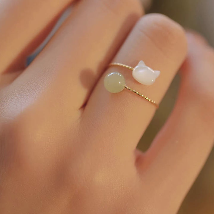 Buddha Stones Tridacna Stone Cat Head Jade Bead Blessing Ring - image 4