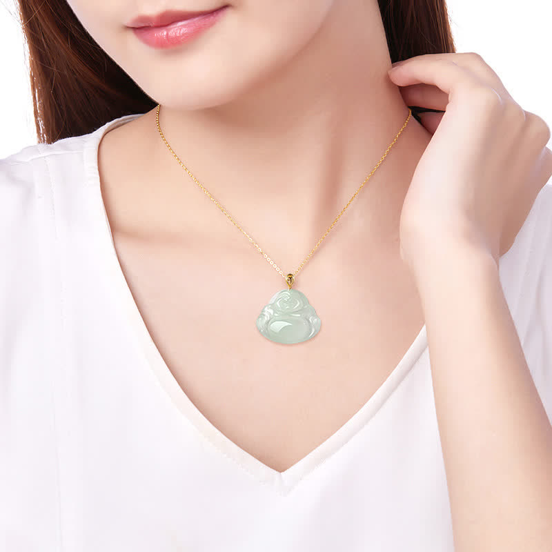 Buddha Stones Laughing Buddha Natural Jade 925 Sterling Silver Plated Gold Abundance Necklace Pendant - image 2