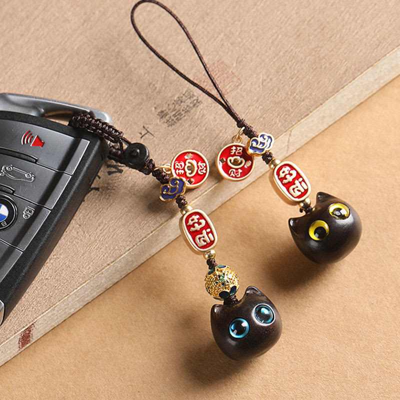 Buddha Stones Ebony Wood Lucky Cat Auspicious Cloud Peace Key Chain Phone Hanging Decoration - image 3
