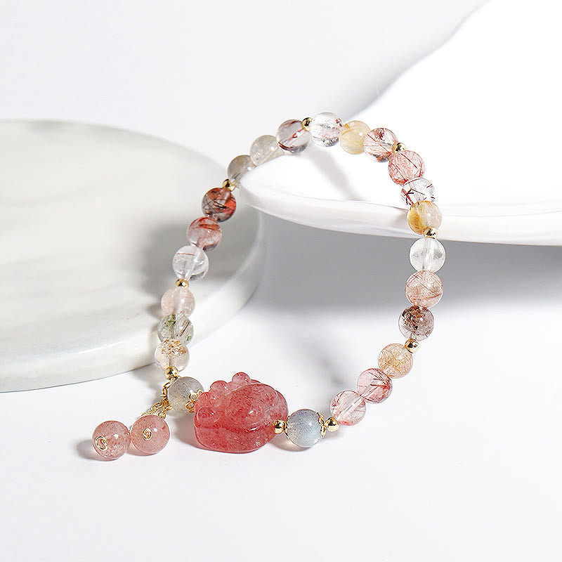 Buddha Stones Natural Strawberry Quartz Cat Paw Claw Colorful Rutilated Quartz Moonstone Love Bracelet - image 4